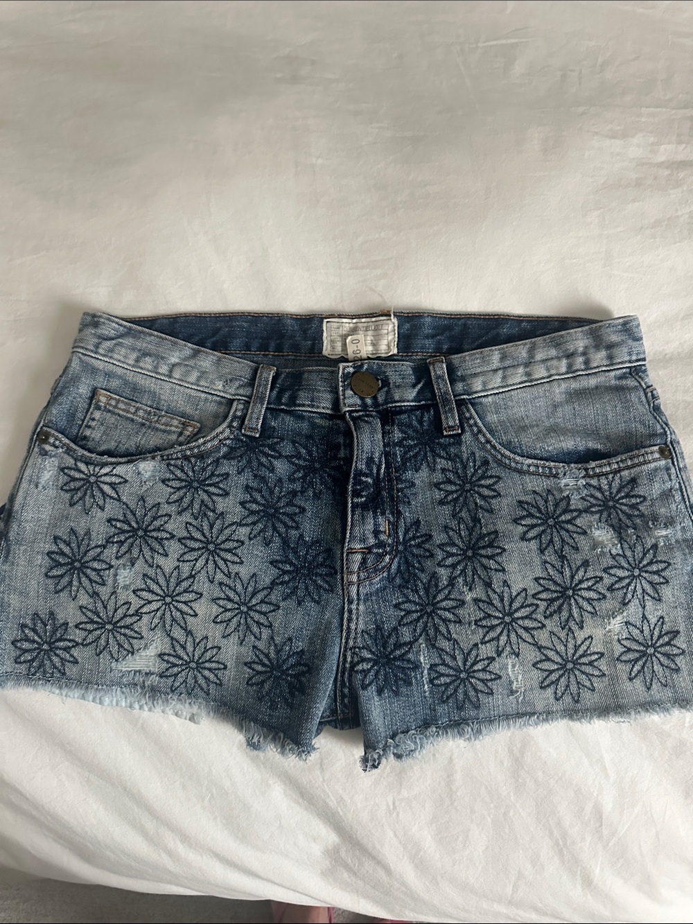 Current/Elliott Blue Denim Floral-Print Jean Shorts